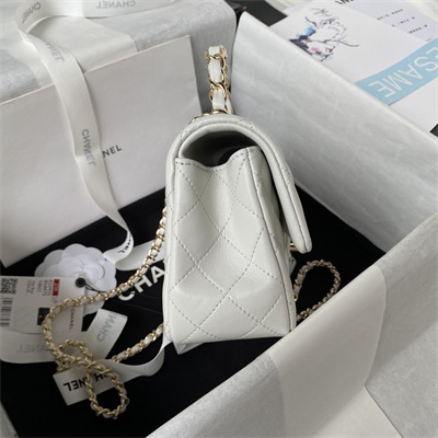 Cha.nel Mini Flap Bag With Top Handle Lambskin Gold Tone Metal White AS2431