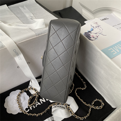 Cha.nel Mini Flap Bag With Top Handle Lambskin Gold Tone Metal Dk Grey AS2431