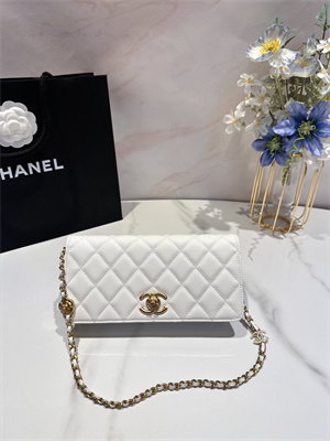 Cha.nel Clutch With Chain Grained Calfskin Gold Tone Metal White AP3581