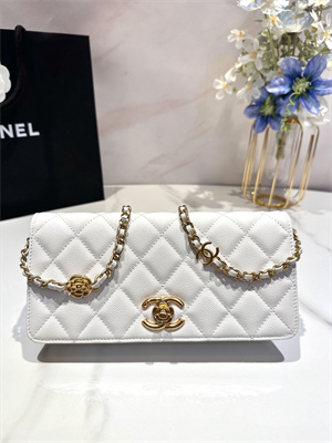 Cha.nel Clutch With Chain Grained Calfskin Gold Tone Metal White AP3581