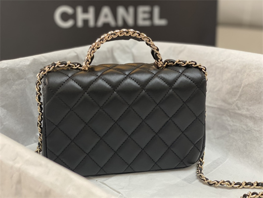 Cha.nel Mini Flap Bag With Diamond Top Handle Lambskin Gold Tone Metal Black AS4140