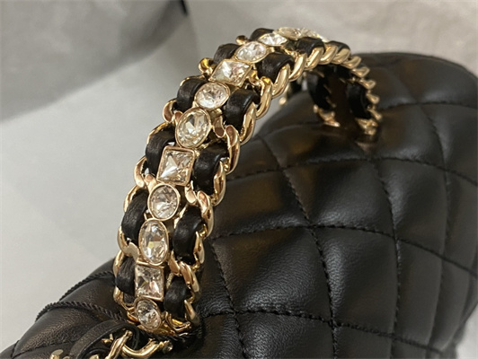 Cha.nel Mini Flap Bag With Diamond Top Handle Lambskin Gold Tone Metal Black AS4140