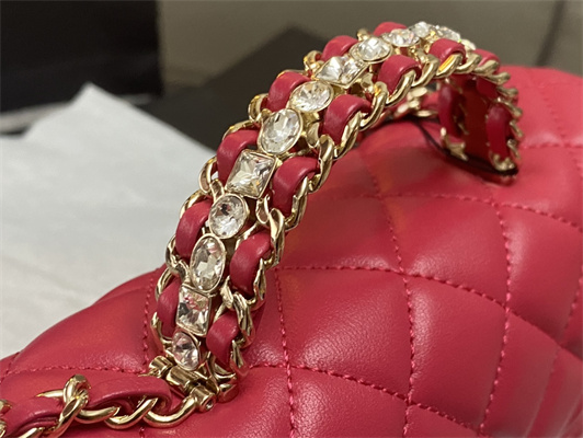 Cha.nel Mini Flap Bag With Diamond Top Handle Lambskin Gold Tone Metal Red AS4140