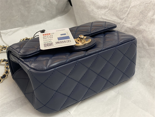Cha.nel Mini Flap Bag With Diamond Top Handle Lambskin Gold Tone Metal Navy AS4140