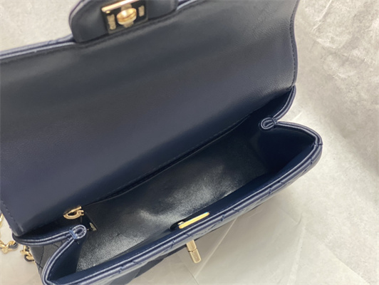 Cha.nel Mini Flap Bag With Diamond Top Handle Lambskin Gold Tone Metal Navy AS4140