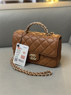 Cha.nel Mini Flap Bag With Diamond Top Handle Lambskin Gold Tone Metal Brown AS4140