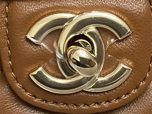 Cha.nel Mini Flap Bag With Diamond Top Handle Lambskin Gold Tone Metal Brown AS4140