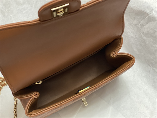 Cha.nel Mini Flap Bag With Diamond Top Handle Lambskin Gold Tone Metal Brown AS4140