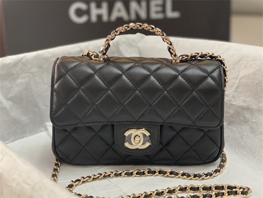Cha.nel Small Flap Bag With Diamond Top Handle Lambskin Gold Tone Metal Black AS4141