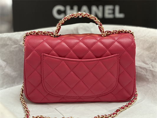 Cha.nel Small Flap Bag With Diamond Top Handle Lambskin Gold Tone Metal Red AS4141