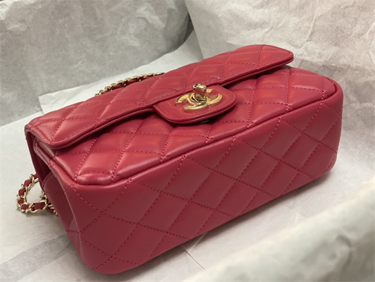Cha.nel Small Flap Bag With Diamond Top Handle Lambskin Gold Tone Metal Red AS4141
