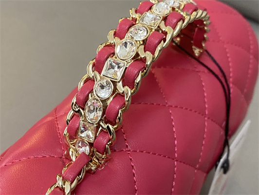 Cha.nel Small Flap Bag With Diamond Top Handle Lambskin Gold Tone Metal Red AS4141