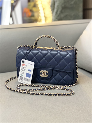 Cha.nel Small Flap Bag With Diamond Top Handle Lambskin Gold Tone Metal Navy AS4141