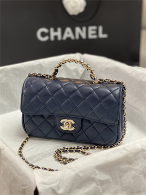 Cha.nel Small Flap Bag With Diamond Top Handle Lambskin Gold Tone Metal Navy AS4141