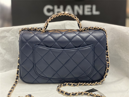 Cha.nel Small Flap Bag With Diamond Top Handle Lambskin Gold Tone Metal Navy AS4141