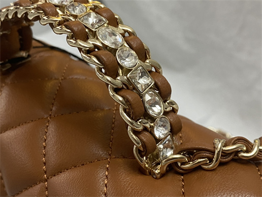 Cha.nel Small Flap Bag With Diamond Top Handle Lambskin Gold Tone Metal Brown AS4141