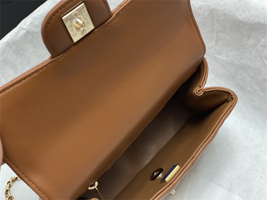 Cha.nel Small Flap Bag With Diamond Top Handle Lambskin Gold Tone Metal Brown AS4141