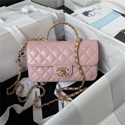 Cha.nel Mini Flap Bag With Top Handle Lambskin Gold Tone Metal Pink AS4362