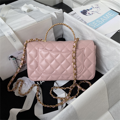 Cha.nel Mini Flap Bag With Top Handle Lambskin Gold Tone Metal Pink AS4362