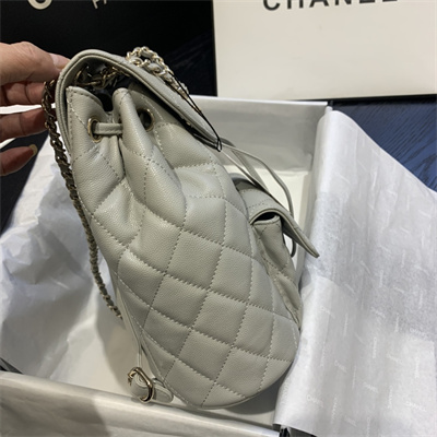 Cha.nel Duma Backpack Grained Calfskin Gold Tone Metal Grey AS1371