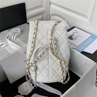 Cha.nel Backpack Grained Calfskin Gold Tone Metal White AS3200