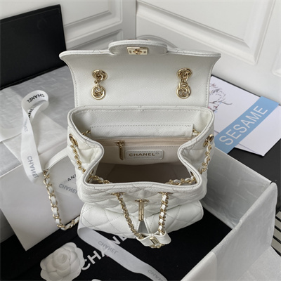 Cha.nel Backpack Grained Calfskin Gold Tone Metal White AS3200