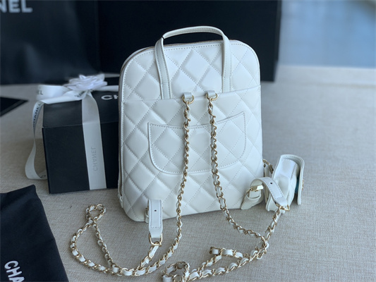 Cha.nel Backpack Grained Calfskin Gold Tone Metal White AS3332