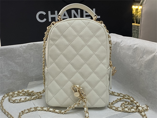 Cha.nel Classic Mini Backpack Grained Calfskin Gold Tone Metal White AP3573