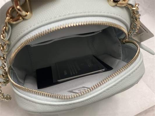 Cha.nel Classic Mini Backpack Grained Calfskin Gold Tone Metal Blue AP3573