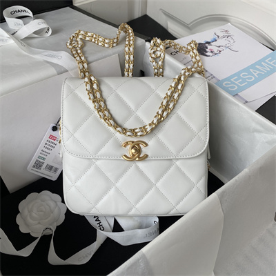 Cha.nel Backpack Lambskin Gold Tone Metal White AS3884