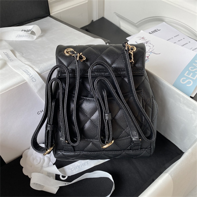 Cha.nel Backpack Grained Calfskin Gold Tone Metal Black AS4058