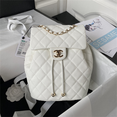 Cha.nel Backpack Grained Calfskin Gold Tone Metal White AS4059