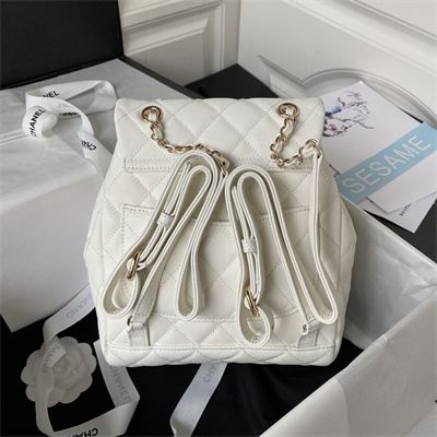Cha.nel Backpack Grained Calfskin Gold Tone Metal White AS4059