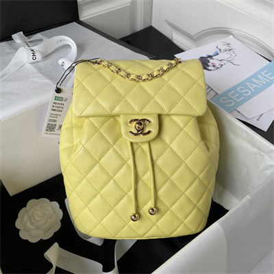 Cha.nel Backpack Grained Calfskin Gold Tone Metal Yellow AS4059