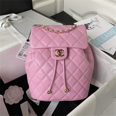 Cha.nel Backpack Grained Calfskin Gold Tone Metal Pink AS4059