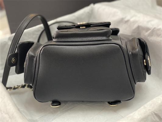 Cha.nel Backpack Grained Calfskin Gold Tone Metal Black AS4398