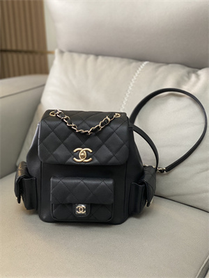 Cha.nel Backpack Grained Calfskin Gold Tone Metal Black AS4399