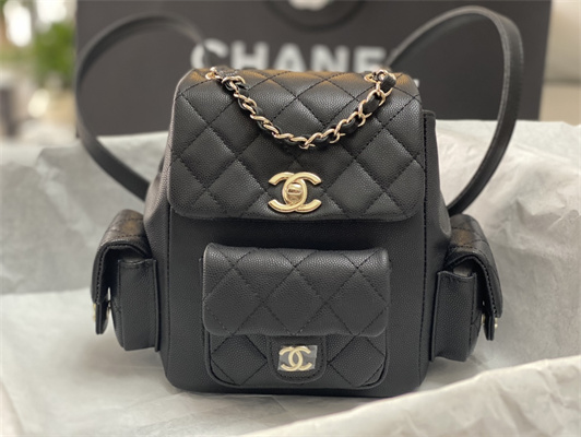 Cha.nel Backpack Grained Calfskin Gold Tone Metal Black AS4399