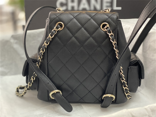 Cha.nel Backpack Grained Calfskin Gold Tone Metal Black AS4399