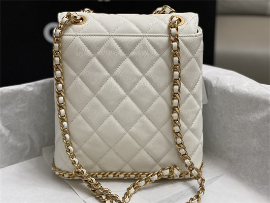Cha.nel Backpack Grained Calfskin Gold Tone Metal White AS4490