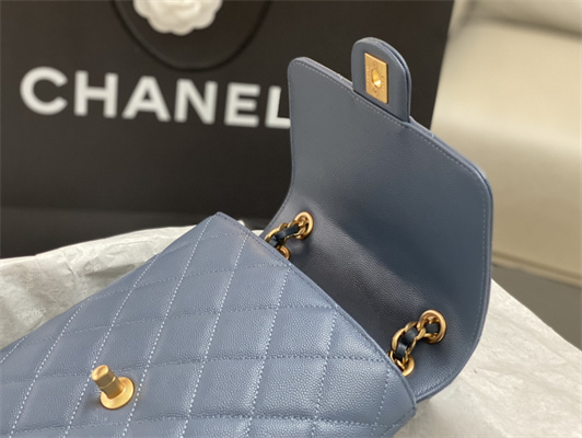 Cha.nel Backpack Grained Calfskin Gold Tone Metal Dk Blue AS4490