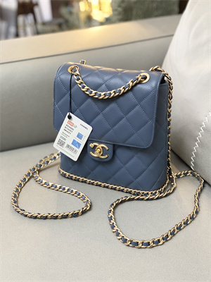 Cha.nel Backpack Grained Calfskin Gold Tone Metal Dk Blue AS4490