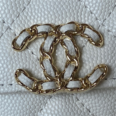 Cha.nel Clutch With Chain Top Handle Grained Calfskin Gold Tone Metal White AP3237