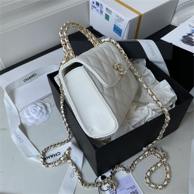 Cha.nel Clutch With Chain Top Handle Grained Calfskin Gold Tone Metal White AP3237