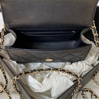 Cha.nel Clutch With Chain Top Handle Grained Calfskin Gold Tone Metal Black AP3237