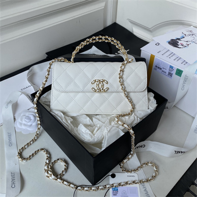 Cha.nel Clutch With Chain Top Handle Grained Calfskin Gold Tone Metal White AP3238