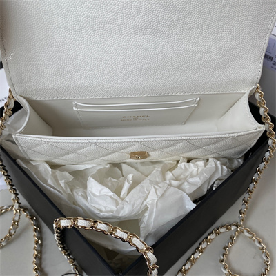 Cha.nel Clutch With Chain Top Handle Grained Calfskin Gold Tone Metal White AP3238