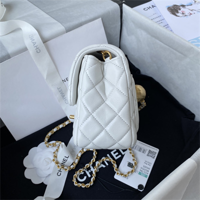 Cha.nel Super Mini Flap Bag Lambskin With  Ball Gold Tone Metal White AS1786