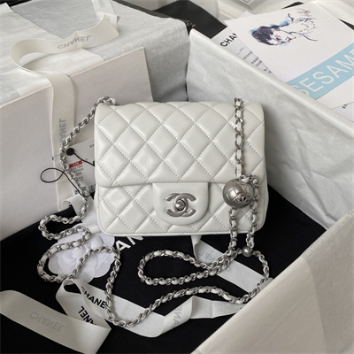 Cha.nel Super Mini Flap Bag Lambskin With  Ball Silver Tone Metal White AS1786