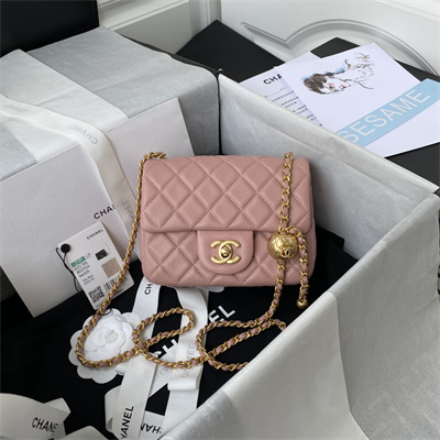 Cha.nel Super Mini Flap Bag Lambskin With Ball Gold Tone Metal Pink AS1786